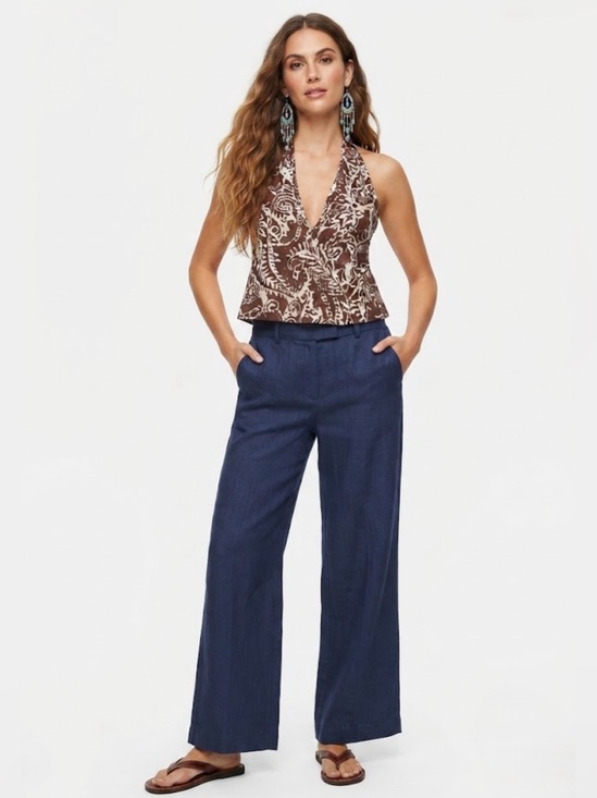 Zara Pants - Zara Navy Blue Herringbone Linen Wide Leg Pants S